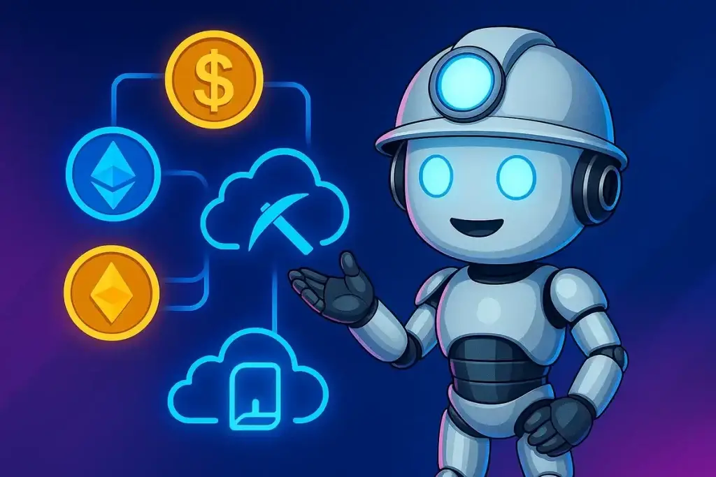 Ilustração digital com o mascote Bitzin observando alternativas à mineração direta, como mineração em nuvem, staking e DCA, em estilo neon.