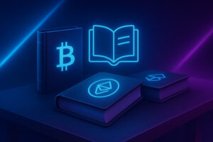 Ilustração digital em estilo neon com livros empilhados e símbolos de Bitcoin, representando conhecimento sobre criptomoedas.