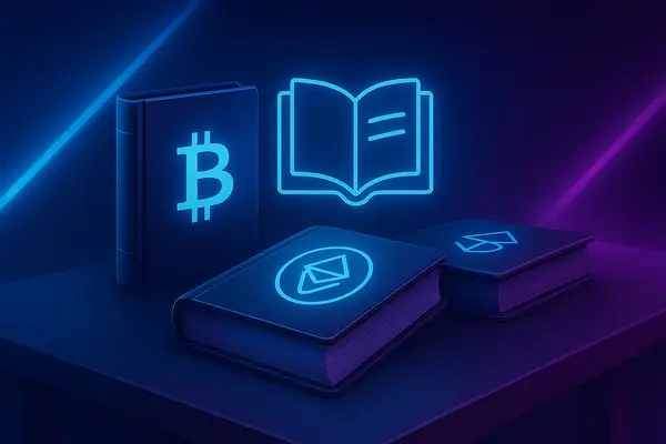 Ilustração digital em estilo neon com livros empilhados e símbolos de Bitcoin, representando conhecimento sobre criptomoedas.