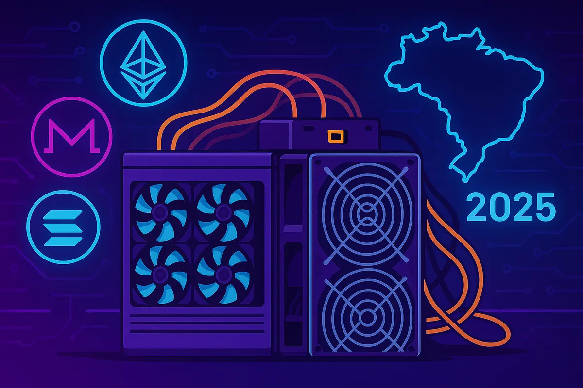 Equipamento de mineração de altcoins no Brasil em 2025 com ícones de Ethereum, Monero e Solana.