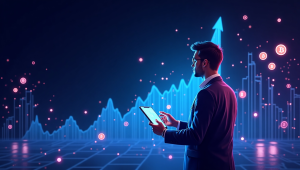 Investidor futurista segurando um smartphone com gráficos holográficos de criptomoedas, rodeado por moedas flutuantes de Bitcoin e Ethereum, com gráficos digitais de crescimento financeiro e símbolos de blockchain em um ambiente tecnológico iluminado por luzes neon.