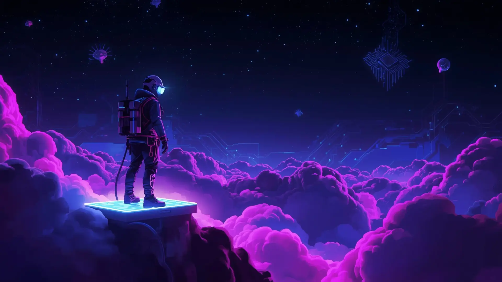 Ilustração em estilo futurista neon mostrando um minerador digital em meio a nuvens artificiais, observando um cabo de energia que desaparece na escuridão. A cena usa tons de roxo, azul escuro e rosa forte para representar o tema da mineração na nuvem e seus riscos.