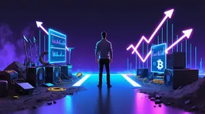 Homem em encruzilhada futurista entre equipamentos antigos de mineração e um caminho digital brilhante com símbolos de Bitcoin, representando a transição do ato de minerar para investir em criptomoedas.