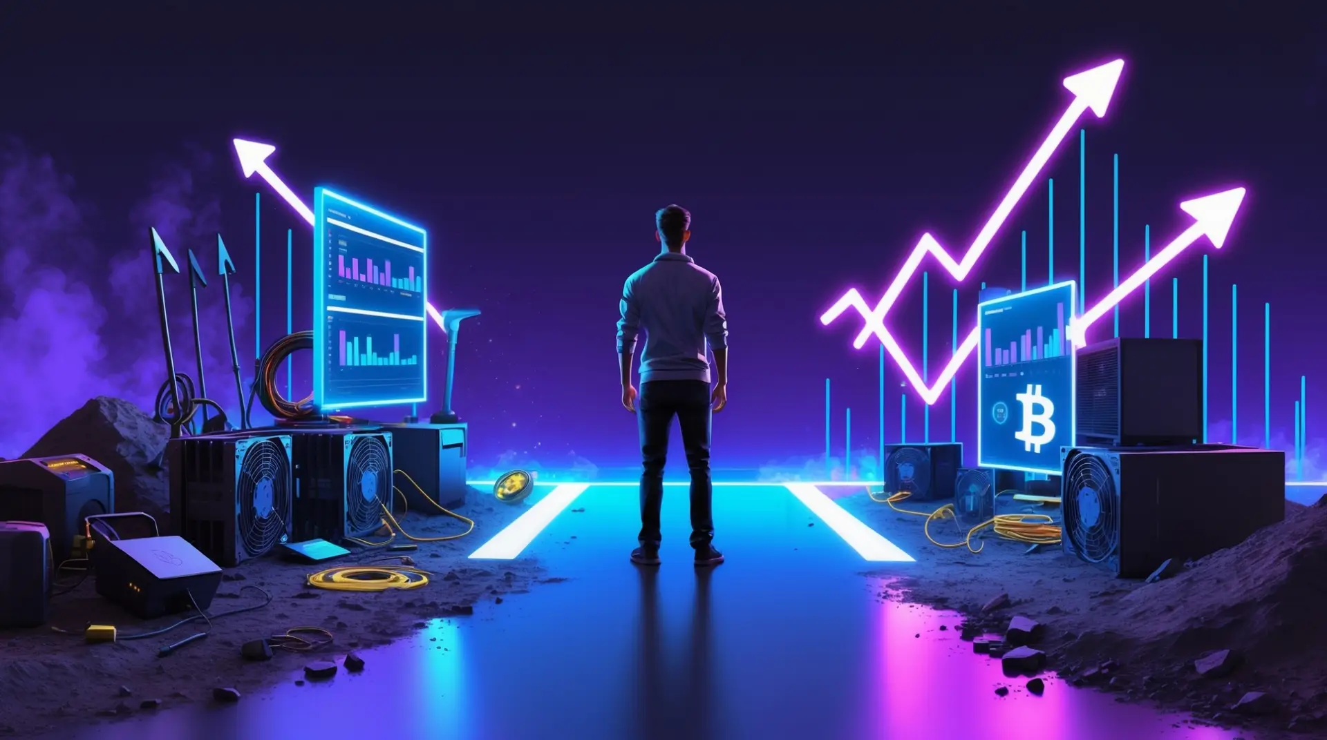 Homem em encruzilhada futurista entre equipamentos antigos de mineração e um caminho digital brilhante com símbolos de Bitcoin, representando a transição do ato de minerar para investir em criptomoedas.